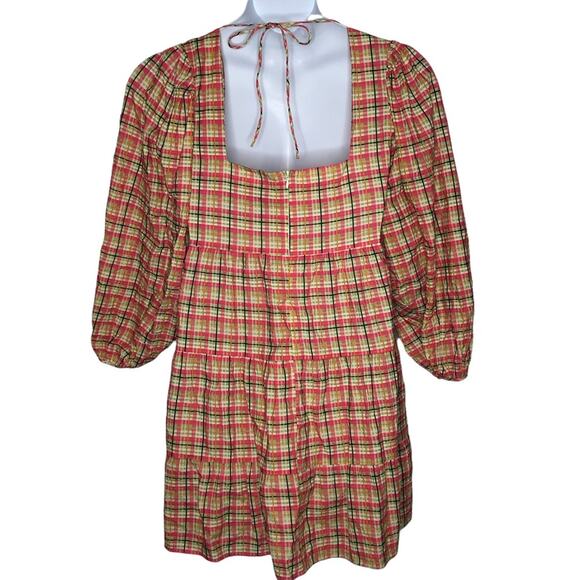 Topshop Check Plaid Smock Mini Dress Size 6 Y2K Babydoll Boho Puff Sleeve Retro - Picture 9 of 16